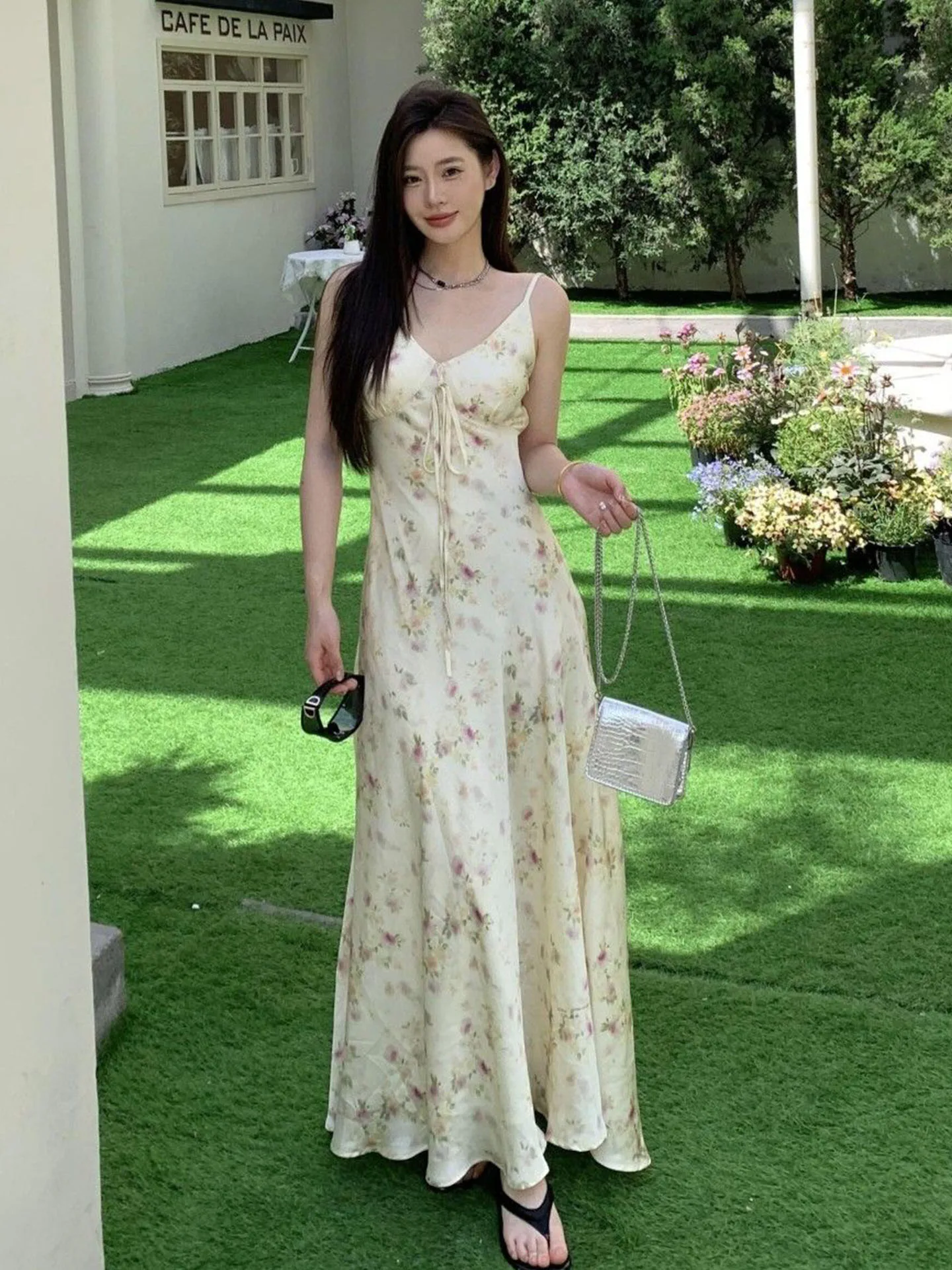 2026 Summer New Floral Print Strap Dress Women's Holiday Beach Waist Cinched Long Dress French Style A-Line Gown  Knot