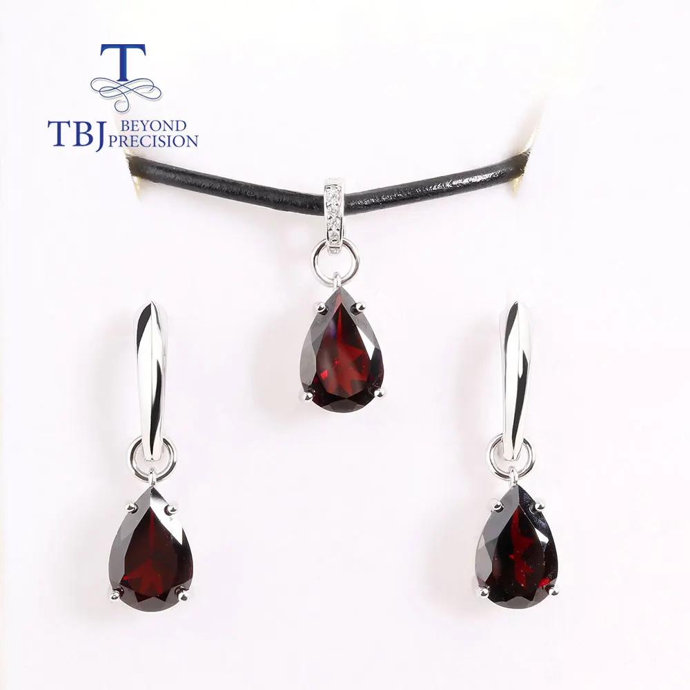 

New pear 8*12mm natural gem Mozambique garnet Jewelry Set Earrings and pendant necklace 925 silver fine jewelry for women