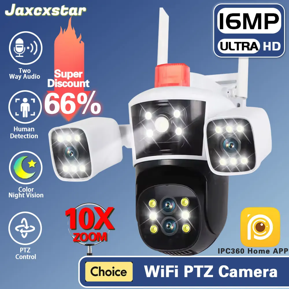 

8K WIFI IPCamera Outdoor Waterproof 10XZoom Auto Tracking 16MP PTZ Four Lens Three Screen Security Camera 360° View Motion Alert