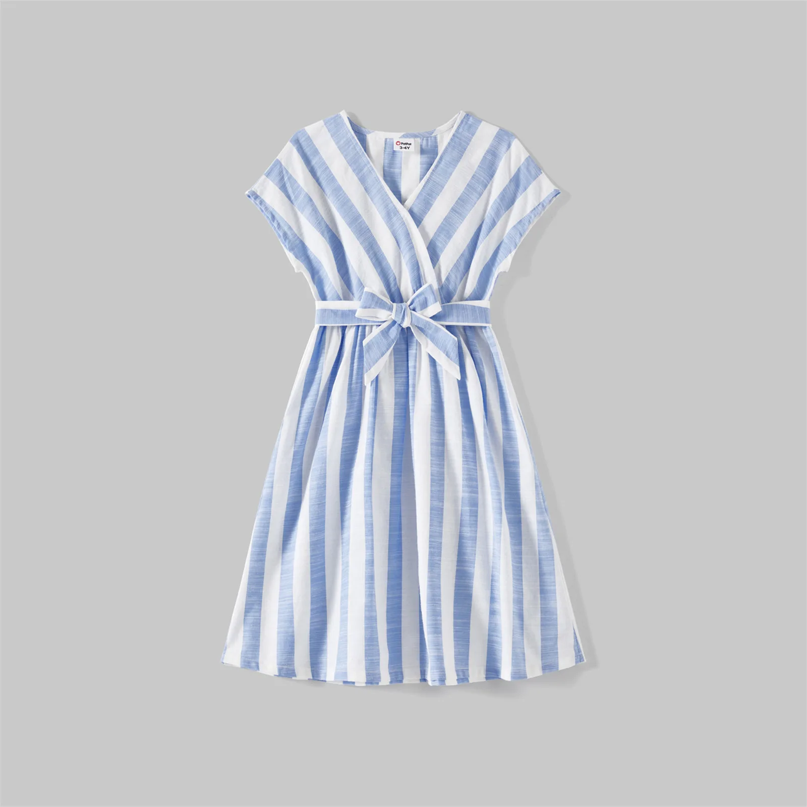 PatPat Family Matching Outfits Cotton Short-sleeve Spliced Tee and Striped Surplice Neck Short-sleeve Belted Dresses Sets