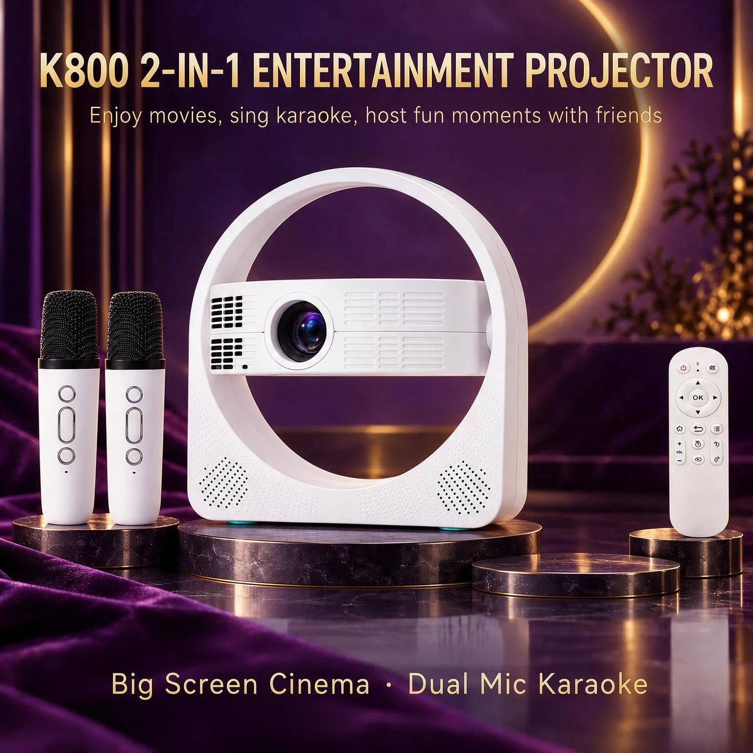 K800 1080P HD Projector Smart Home Theater Android Wireless Screen Projection Electric Focus Karaoke Projector With Microphone