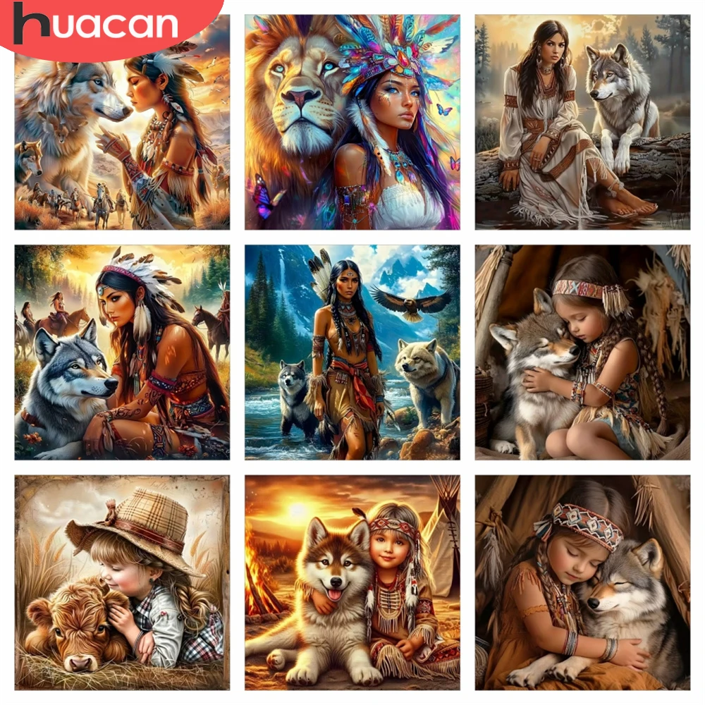 HUACAN Diamond Art Painting Indian Woman Wolf Portrait Handmade Full Square Round Drill Diamond Mosaic Feather Sunset Home Decor