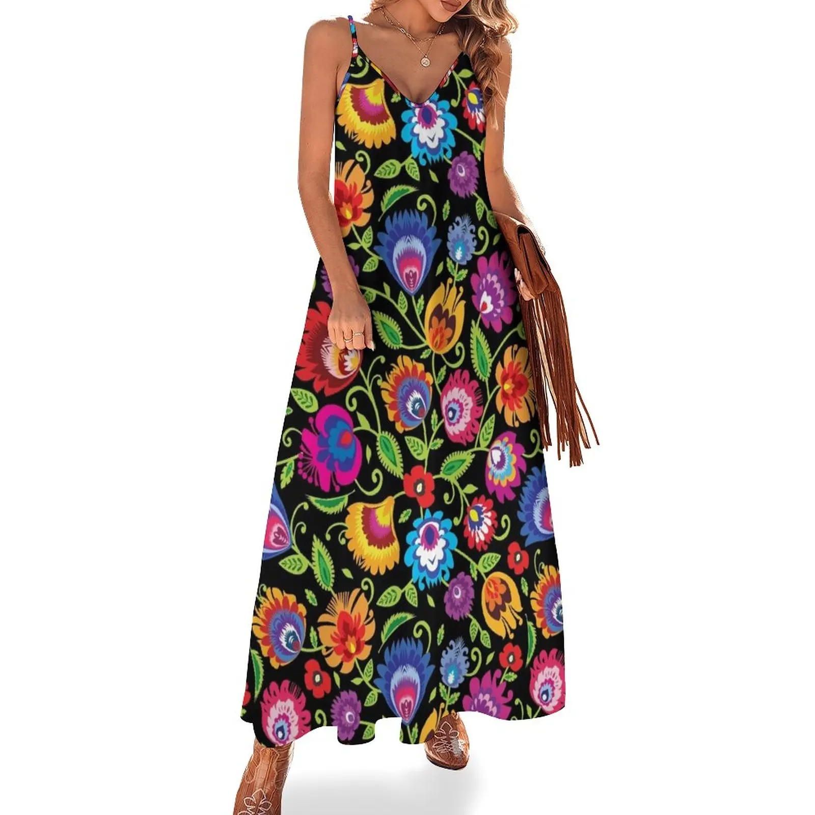 

Vibrant Folklore flowers on black Sleeveless Dress Dresses Clothing female chic and elegant woman dress