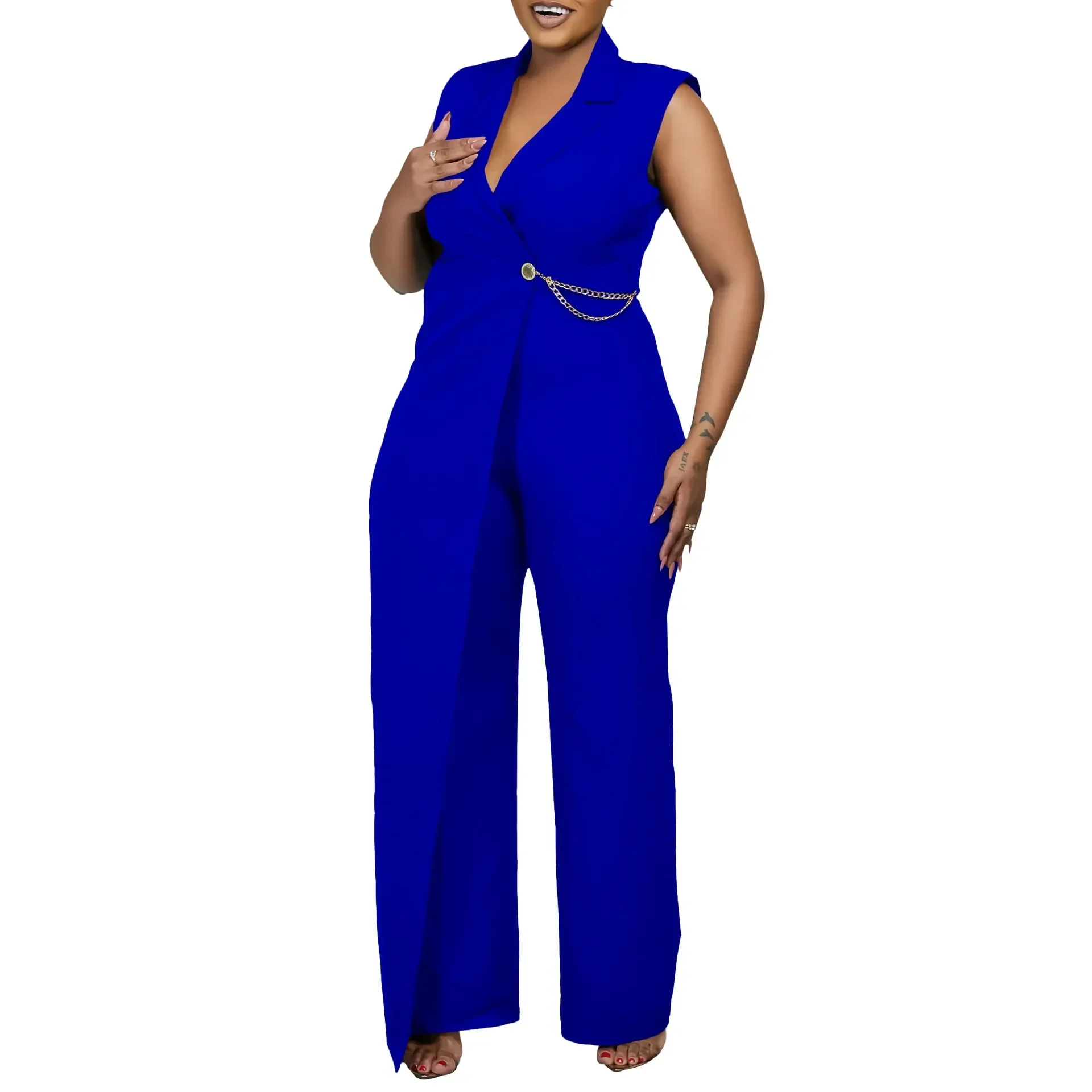 

S-3XL Polyester African Clohtes for Women 2024 Summer Elegant Sleeveless V-neck High Waist Long Jumpsuit Dashiki Africa Clothing