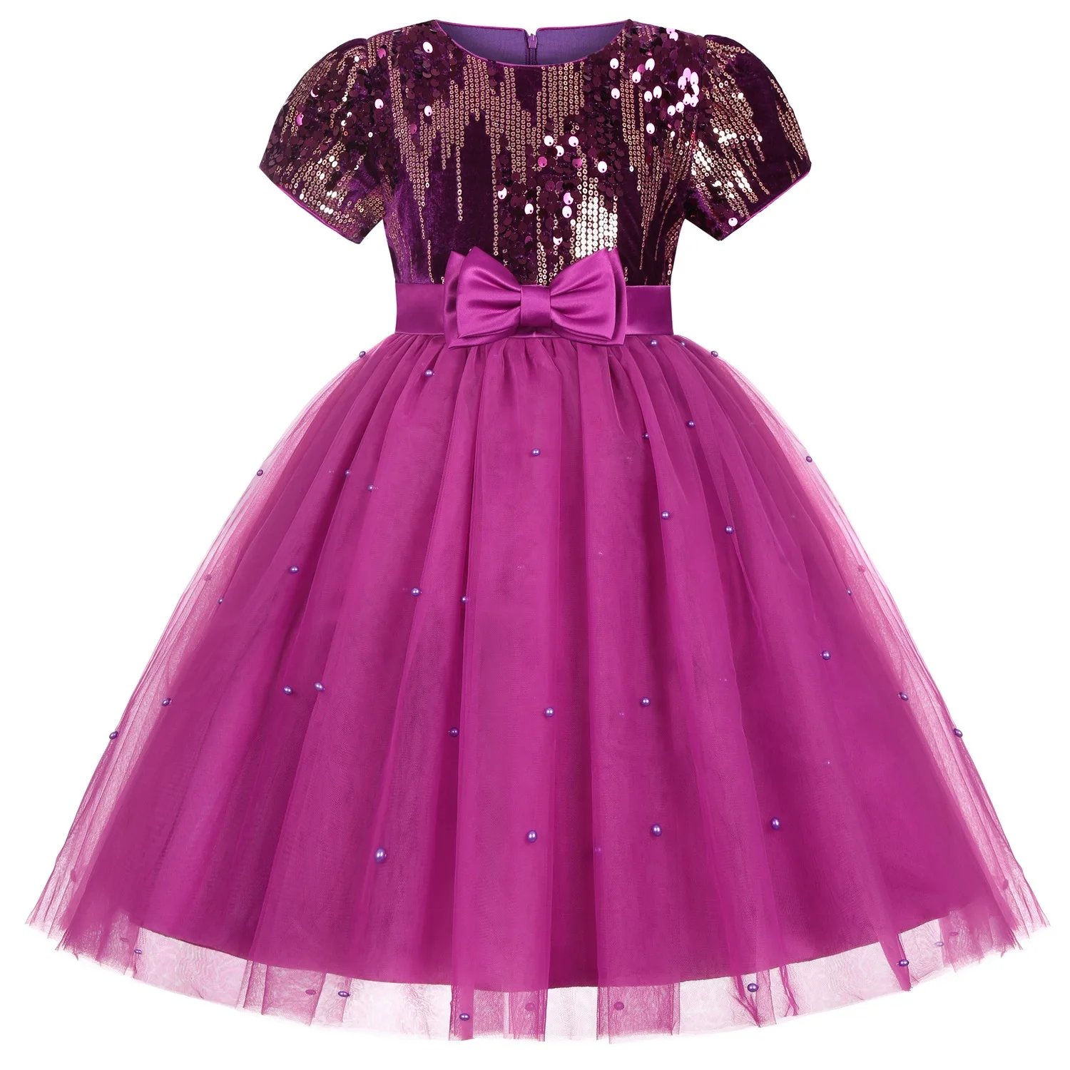 Sequins Girls Dress Summer Mesh Bow Girls Princess Dress Piano Host Performance Costume 2 3 4 5 6 8 10 Years New Kids Clothes