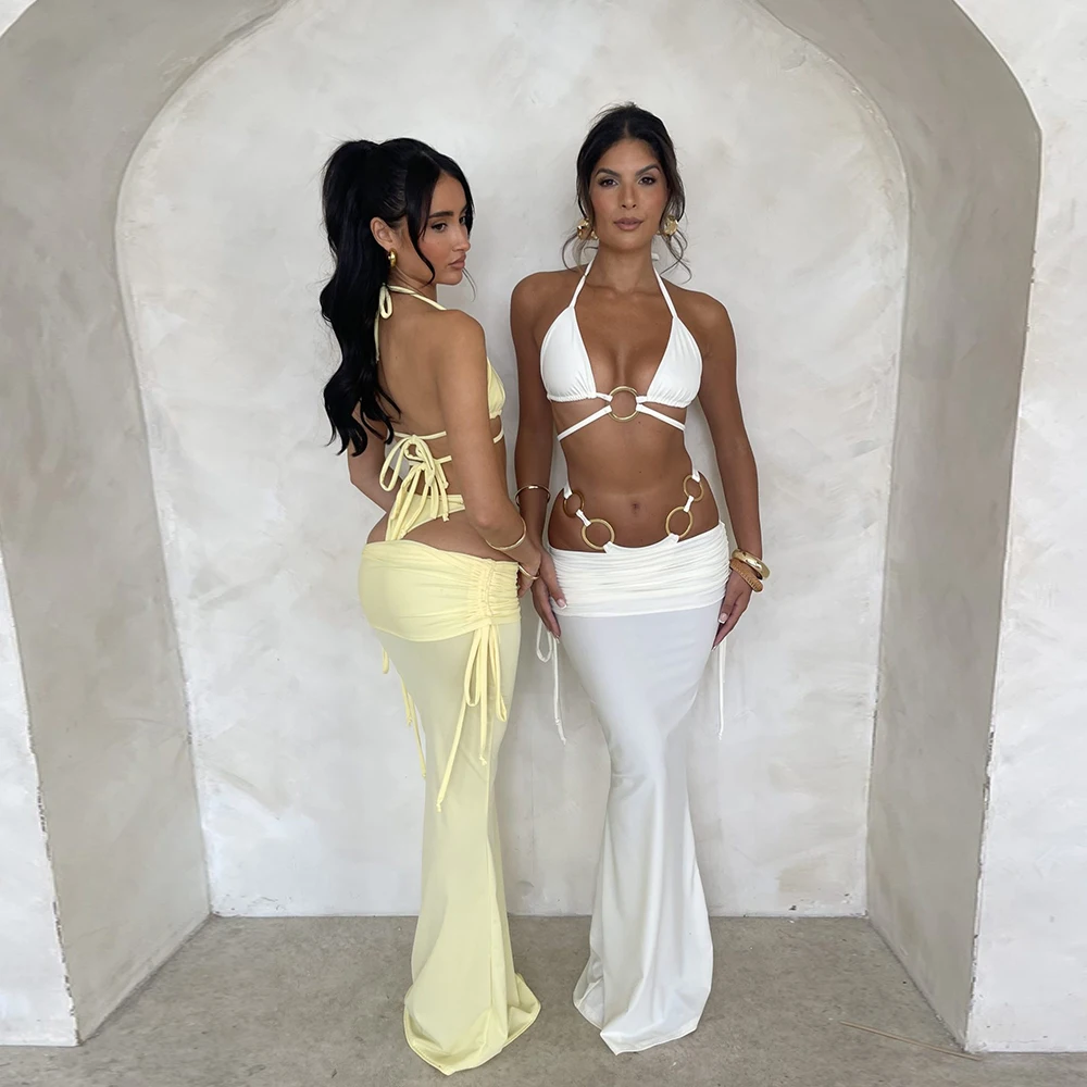 Microbikinis lisos sexys de 3 piezas para mujer, traje de baño 2024, traje de baño, ropa de playa con falda larga, conjunto de Bikini para mujer