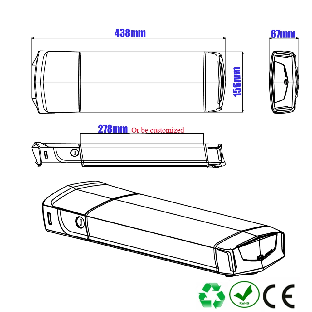 36V 48V rear rack rlectric bicycle battery pack 13ah 16ah 17.5ah for DIRODI Retrospec Beaumont E-bike lithium-ion battery