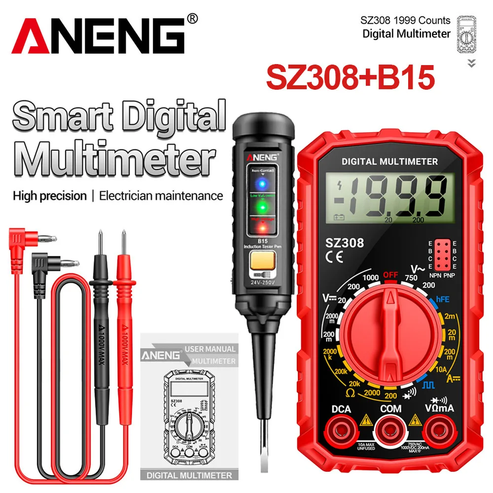 ANENG SZ308 Digitales Multimeter Gratis Geschenk B15 Spannungsprüfstift 1999 Messungen AC DC Spannung Strom Widerstand NCV Tester Elektrisch
