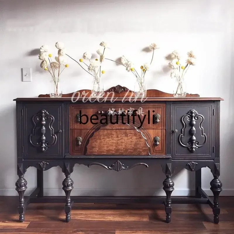 

French retro solid wood foyer entrance cabinet dining side cabinet living room wall decorative locker1184