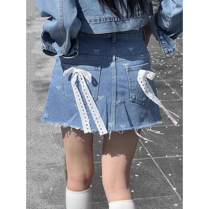 Korean Retro Bow Lace Patchwork Denim A-line Skirt Women 2024 Summer New Streetwear High Waist Sexy Slim Frayed Mini Skirt