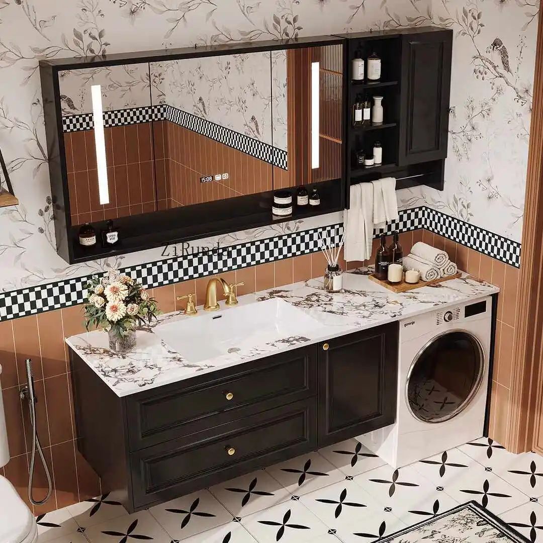 

Французский ретро-комплект: тумба для стиральной машины и бесшовная раковина из каменной плиты