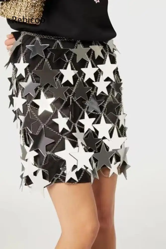 Women Star Metal Chain Waist Skirt Sparkly Star Pendant Layered Tassel Hip Wrap Skirt For Rave Festival Party Cosplay Events