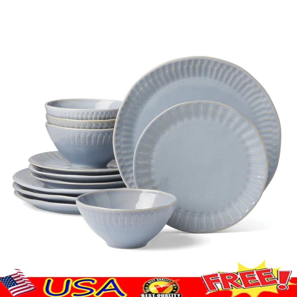 

12 Piece Stoneware Dinnerware Set Service 4 Dishwasher Microwave Safe Organic Edges Reactive Glaze Unique Carved Stripe Pattern
