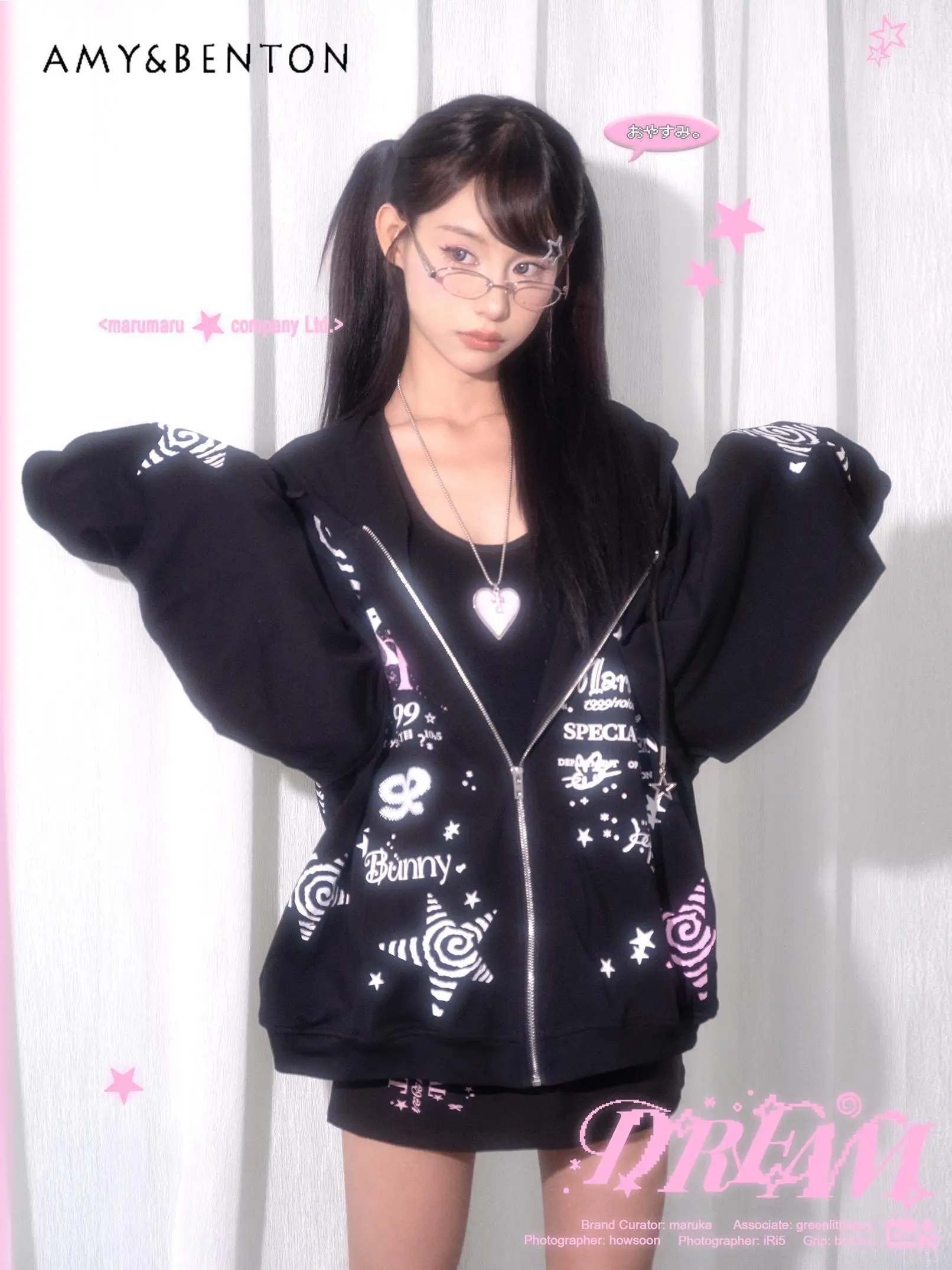 Original Pink and Black Splicing Color Cartoon Subculture Printing Hooded Jacket Spring New Gothic Oversized Zip Up Hoodie Y2K