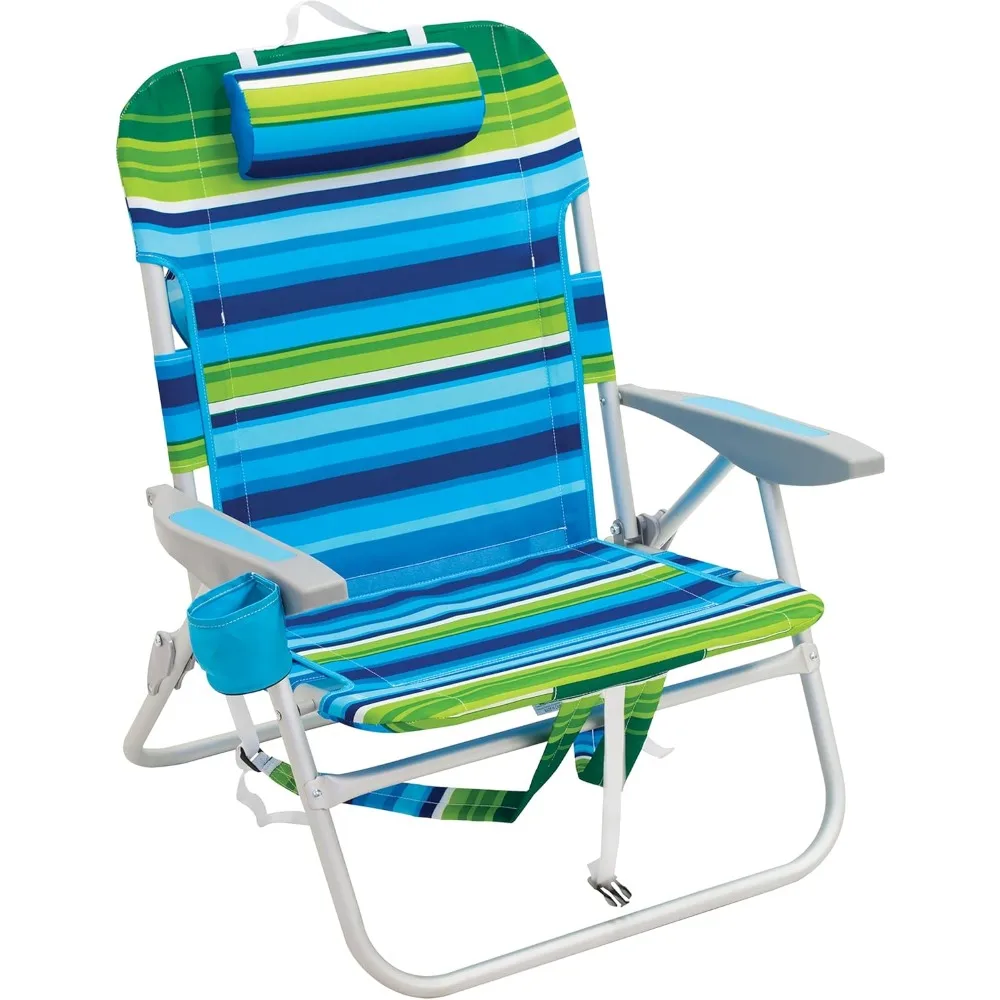 

Big Boy Folding 13 Inch High Seat Backpack Beach or Camping Chair, Aluminum, Green/Blue Stripe