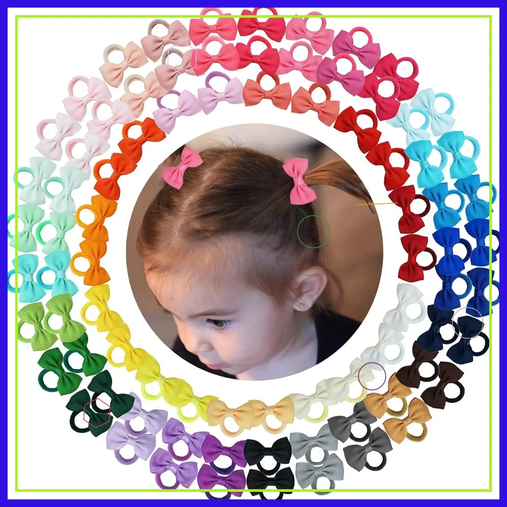 

80Pcs Tiny Hair Ties with Bows, Soft Elastics for Baby Girls, Multicolor Ponytail Holders