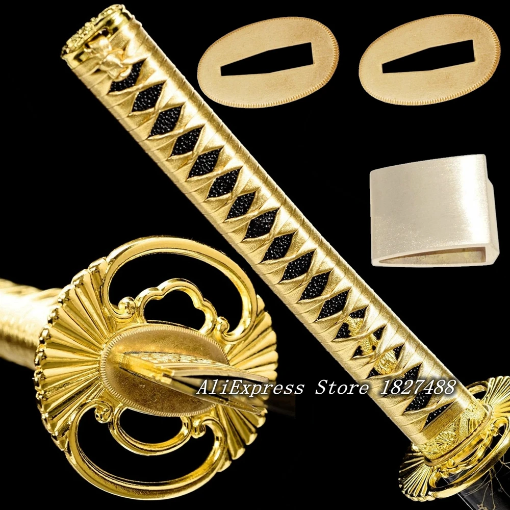 Golden Katana Set Fittings Alloy Tsuba+Fuchi+Kashira+Menuki+Handle+Habaki+Seppa for Japanese Samurai Sword Metal Accessory