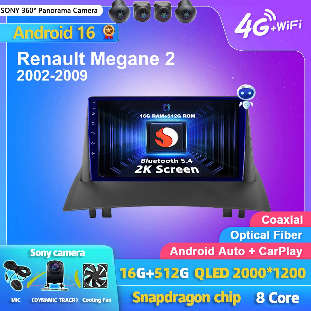 Android 16 Carplay Auto 2K Screen Car Radio Multimedia Player For Renault Megane 2 2002 - 2009 Autoradio Stereo 2din Head Unit