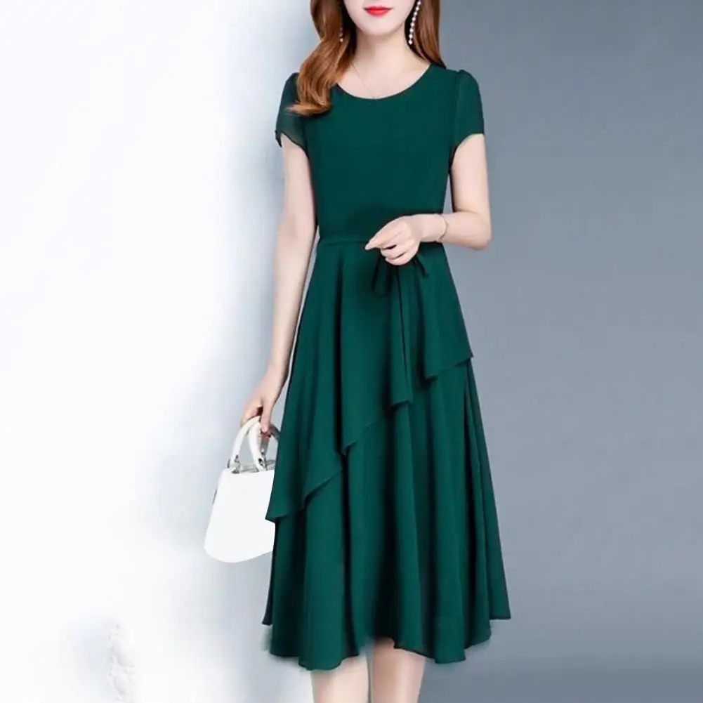 Versatile Dress Elegant Lace Up A-line Midi Dress with Short Sleeves for Women O-neck Streetwear Layered Hem Oversize Korean