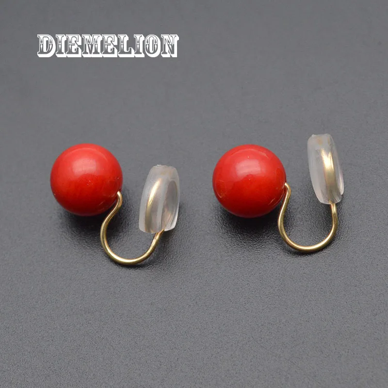 Hot Sale Natural Red Sea Bamboo Coral Clip on Earrings Without Piercing for Girls Party Simple No Hole Ear Clip Jewelry 8/10mm