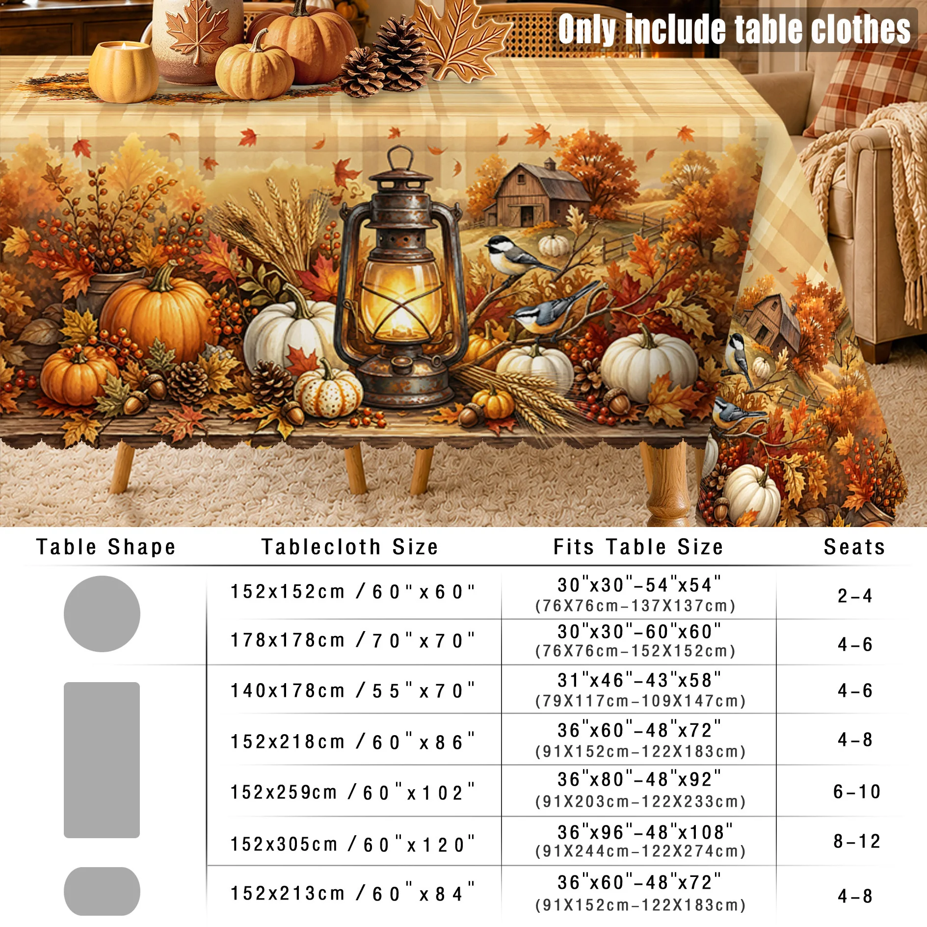 1 piece, retro autumn harvest tablecloth, pumpkin maple leaf lantern pine cone bird print, buffalo check