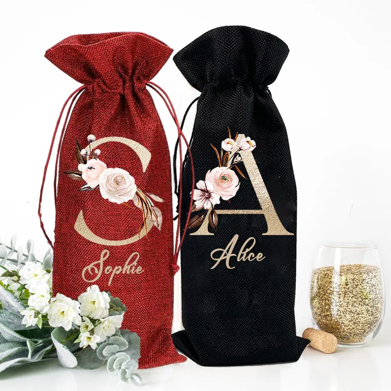 Personalized Wine Bottle Bags Custom Drawstring Bag Burlap Bags Housewarming Gifts for Hostess Birthday Christmas Gift for Her