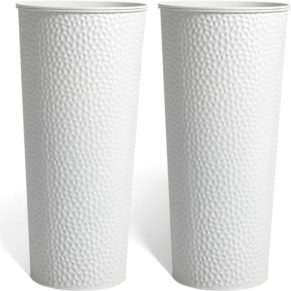 

25 H. Metal Hand-Hammered Planters with Inner Pots 2-Pack, White Decor Planter for Deck, Patio, Porch - Galvanized Steel Han