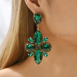 Trendy Luxury Brand Green Crystal Glass Drop Dangle Earrings For Women Vintage Jewelry Party Prom Big Pendientes Ear Accessories
