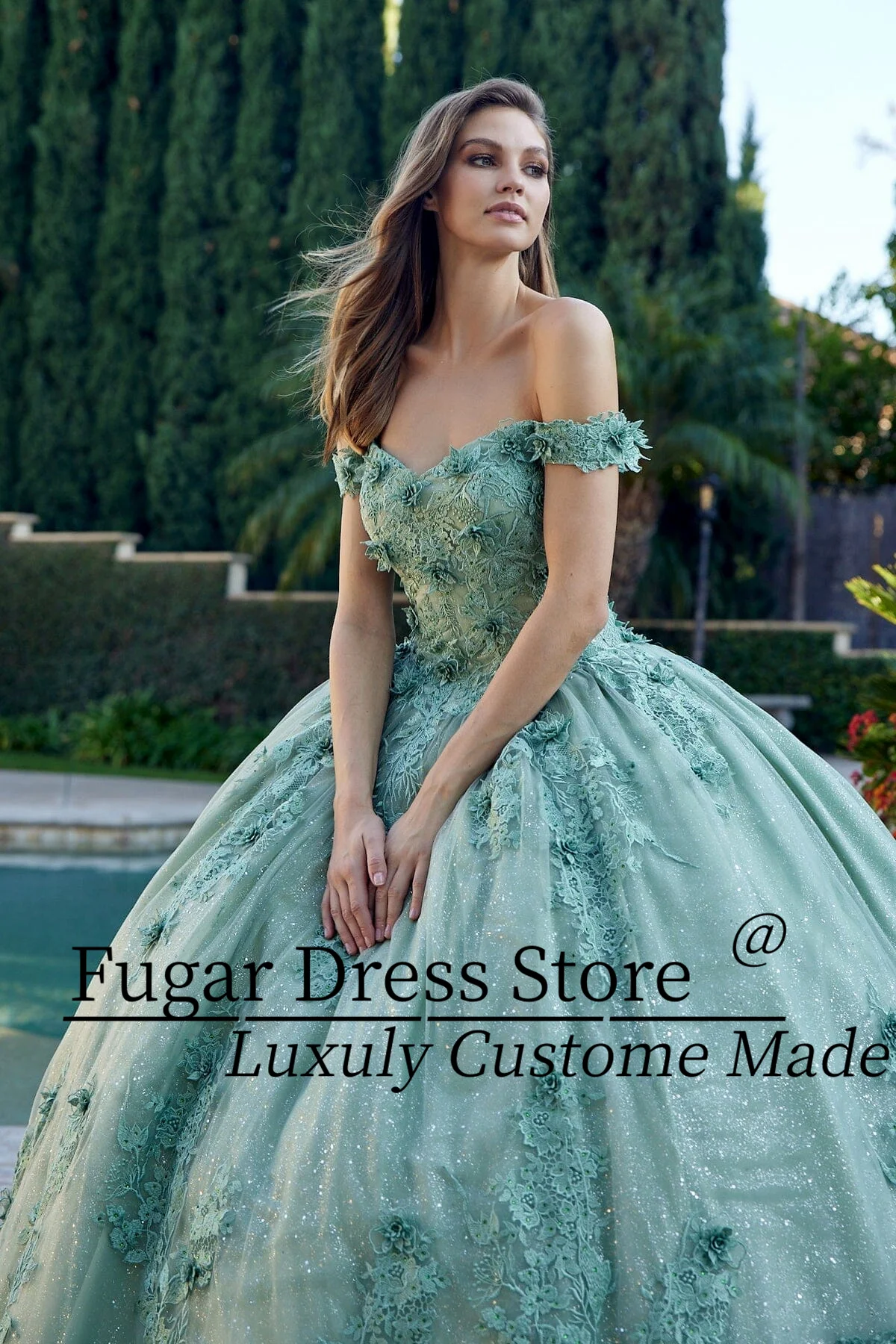 Fashion Sage Green Princess Ball Gowns Quinceanera Dresses Luxuly Flower decal long shoulder exposed flashVestidos De XV Anos