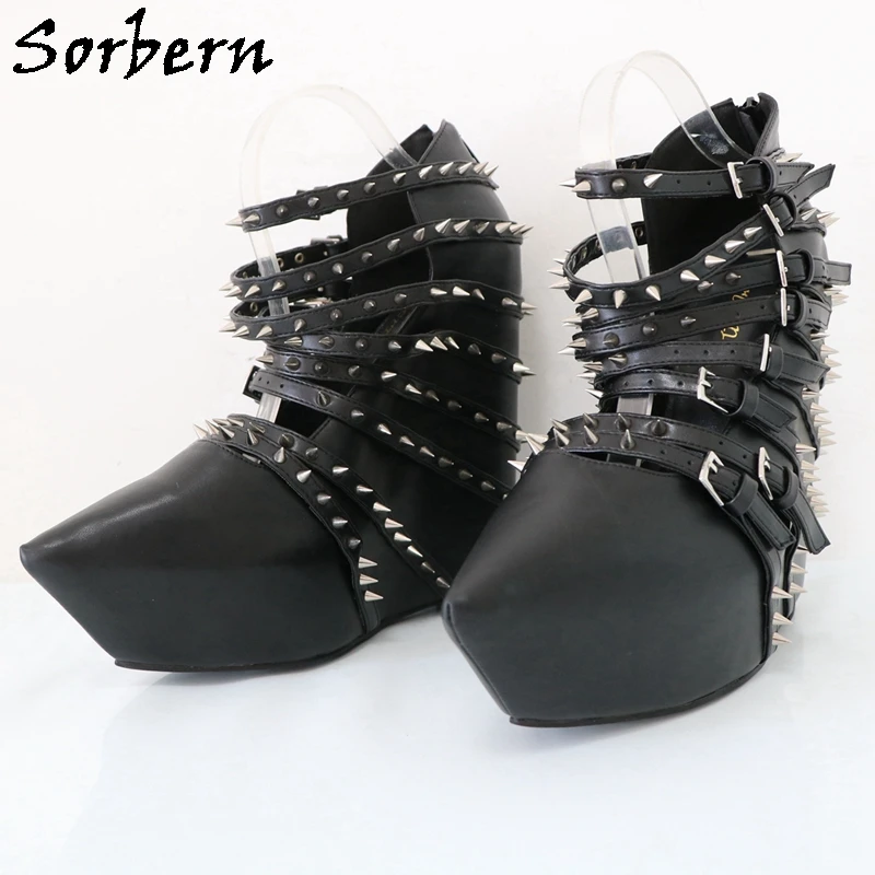 Sorbern Black Rivets Pump Shoes Women Wedge High Heel Multi Straps Lady Shoe Pointed Toe Platform Custom Color