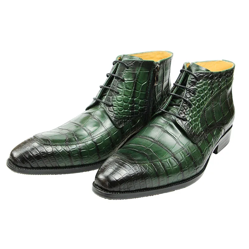 New Fashion Ankle Boots Pure Cowhide Leather Skin Printed Lace Up Pure Handmade Casual Sapato Social Masculino Classic Male Boot