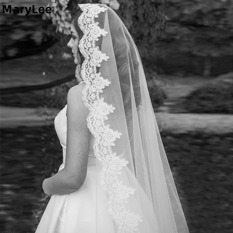

Mantilla Wedding Veil with Eyelash Lace 1 Tier Soft Tulle Ivory Lace Edge Bride Veil Wedding Accessories Chapel Veils Customized