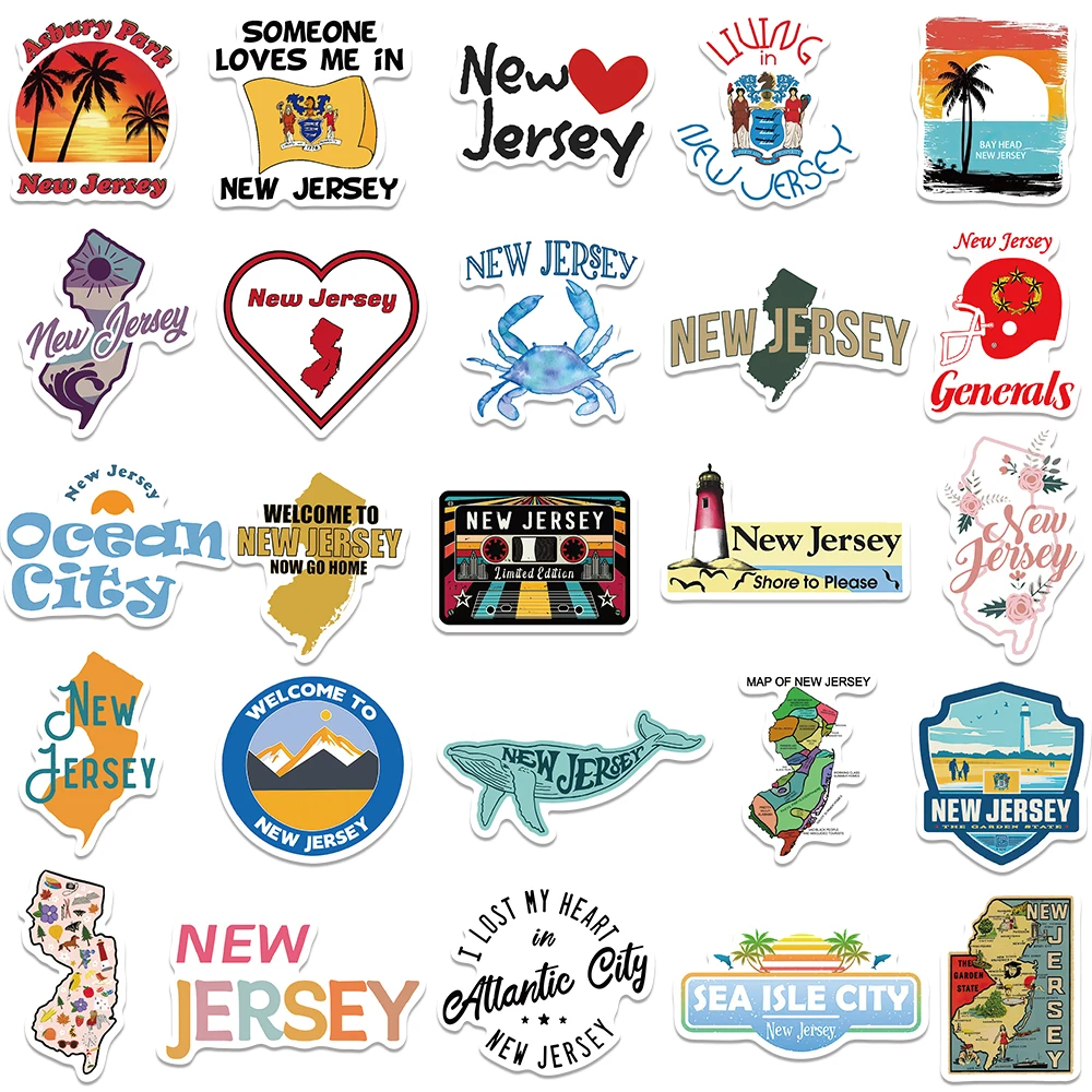 50PCS American New Jersey State Vinyl Waterproof Stickers Decals for Water Bottle Laptop Skateboard Scrapbook Luggage Kids Toy