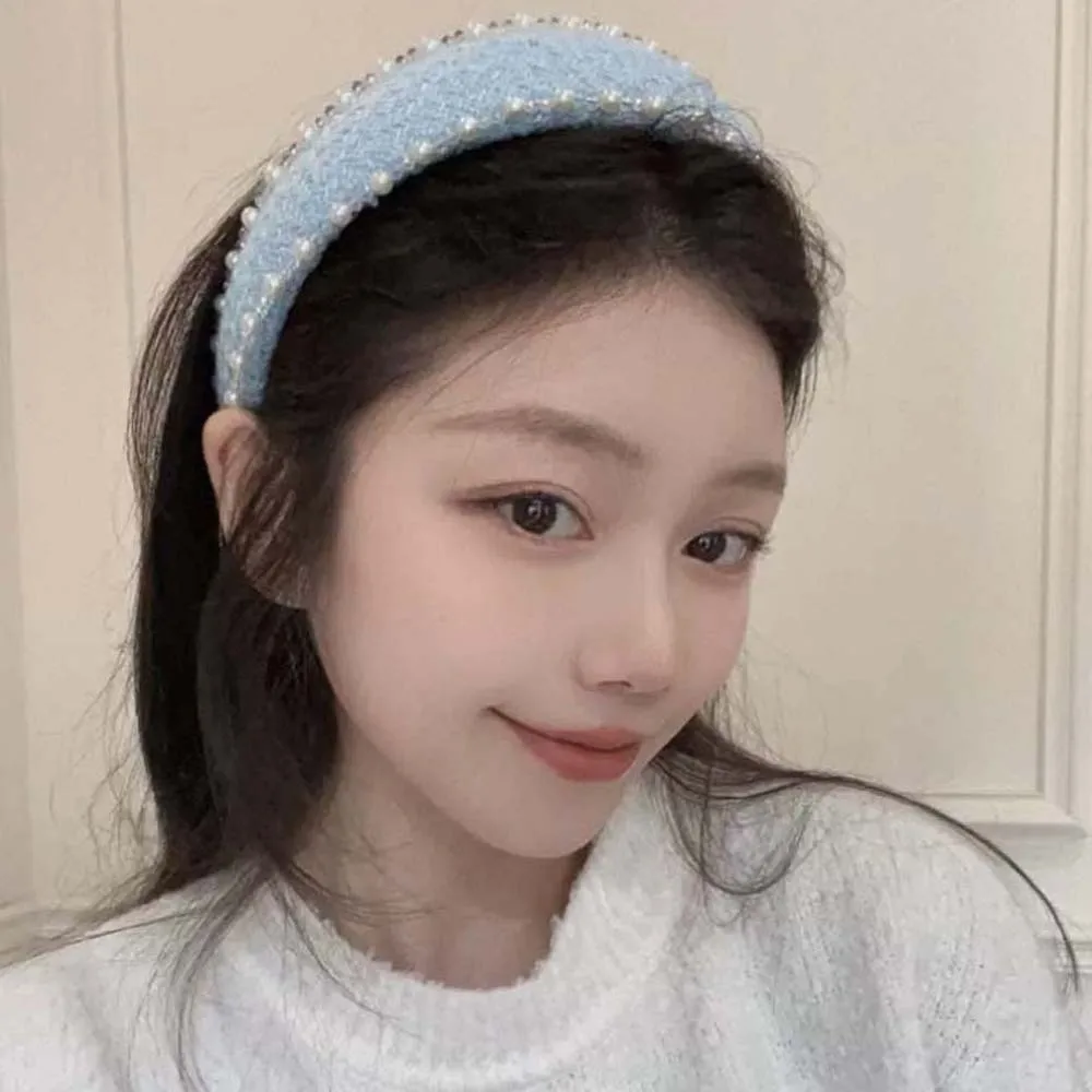 

Sweet Pearls Cloth Hair Hoop Rose Print Wide Side Beads Crystal Headband French Style Headpiece Beige Blue Hair Band Women
