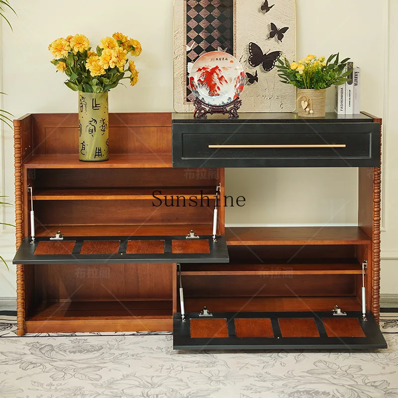 French retro solid wood home shoe cabinet retractable, home door storage integrated against the wall storage