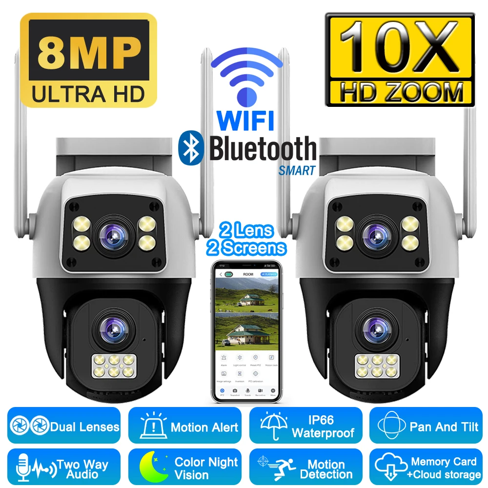 

8MP 4K Camera Wifi Outdoor 2 Lens HD 10x Zoom 2 Screen PTZ PIR Human Detection Waterproof Night Vision IP Cameras Security CCTV