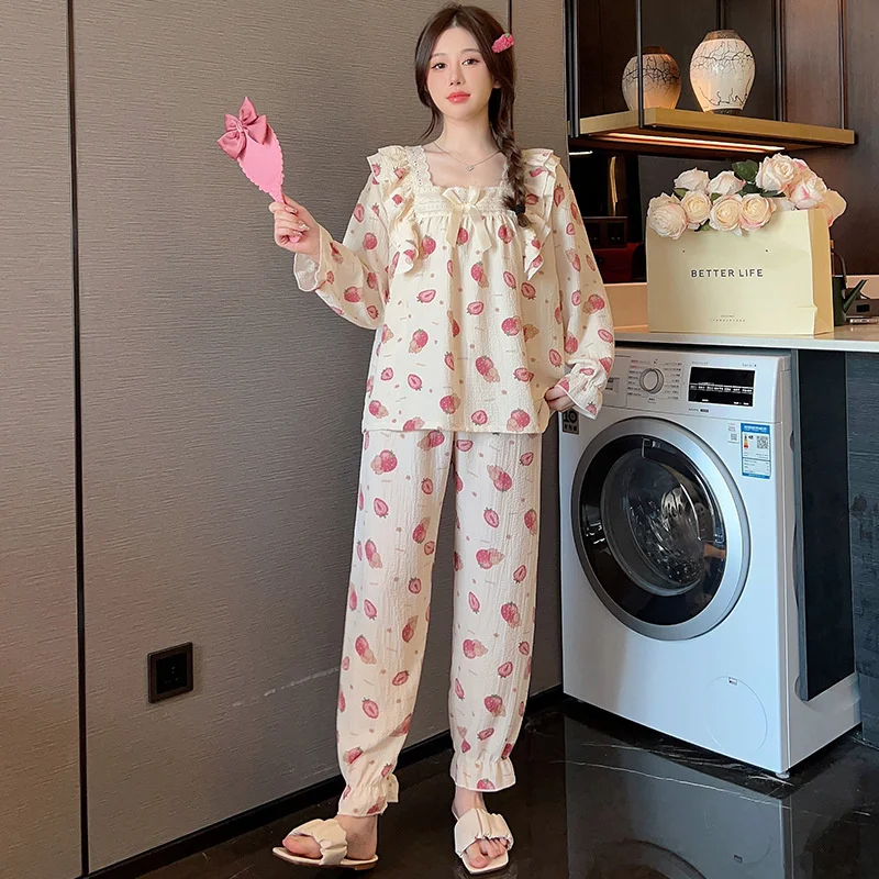 Sweet Print Sleepwear Set Long Sleeve Trousers Wrinkled Cotton Pants Ruffle Home Wear Skin-Friendly Breathable Pajama