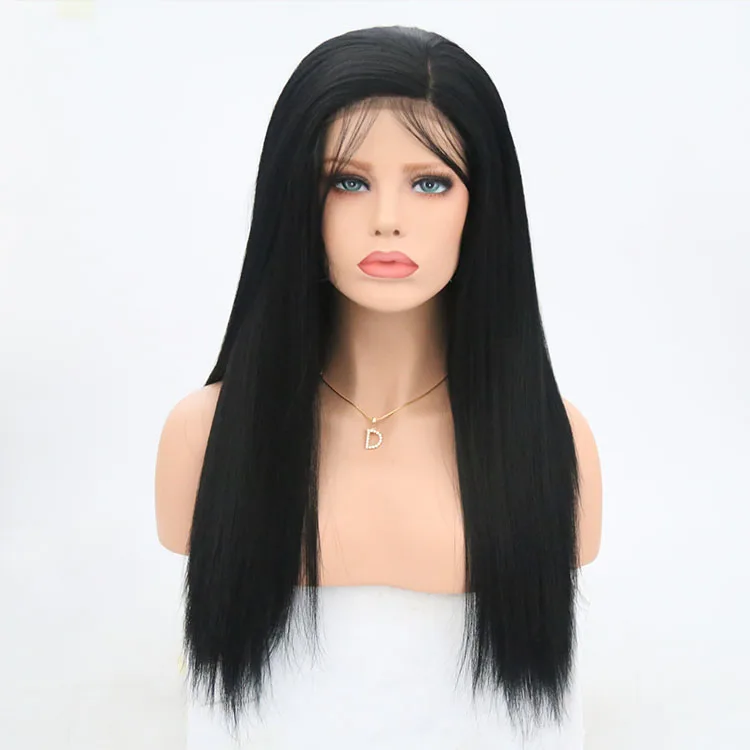 

1B Natural Black Color Light Yaki Straight Synthetic Hair Wigs with Baby Hair Daily Wear Headband Wigs Non Lace for Black Women