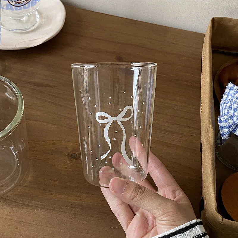 French Advanced Silver Bow Starry Sky Coffee Cup Summer High Borosilicate Heat Resistant Cold Water Drink Cup Elegant Glass Cup