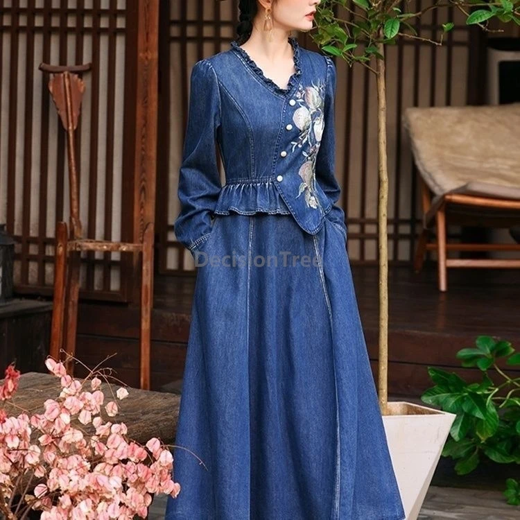 

2026 fashionable denim dress spring new chinese style trendy design sense embroideried robe retro literature art daily dress