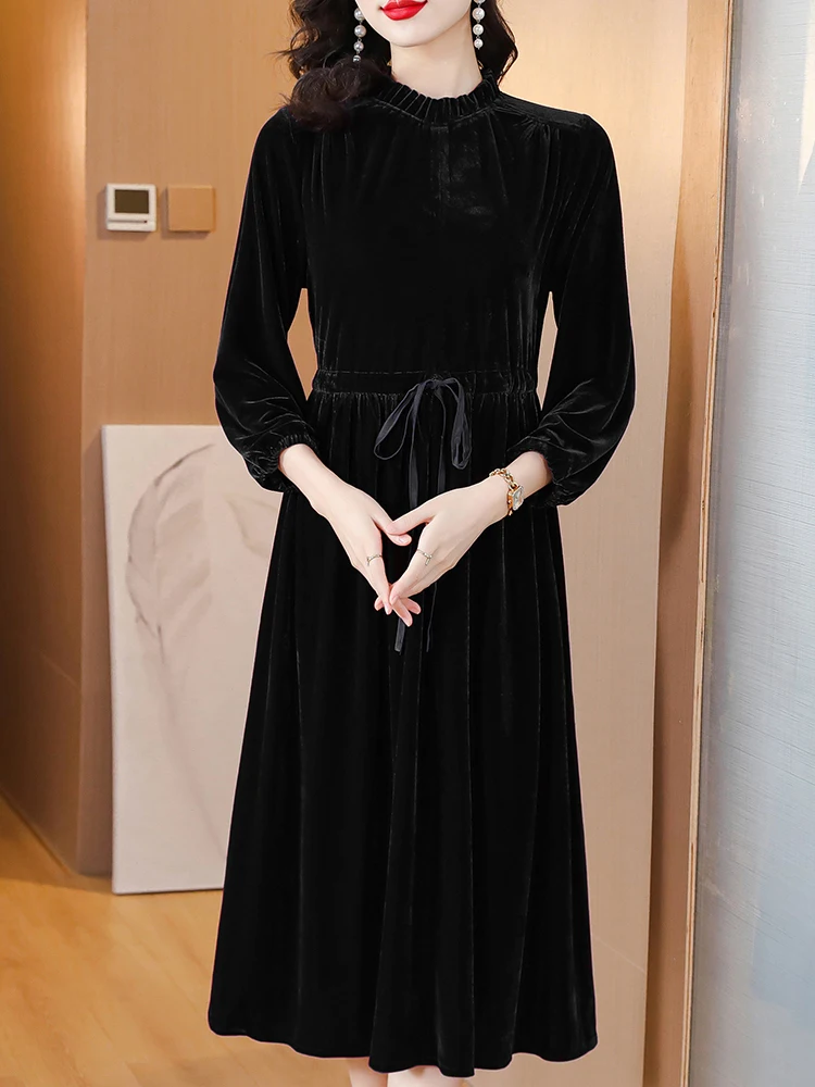 Women Purple Velvet Long Sleeve Midi Dress 2024 Black Korean Vintage Hepburn Dress Autumn Winter Elegant Luxury Bandage Vestidos