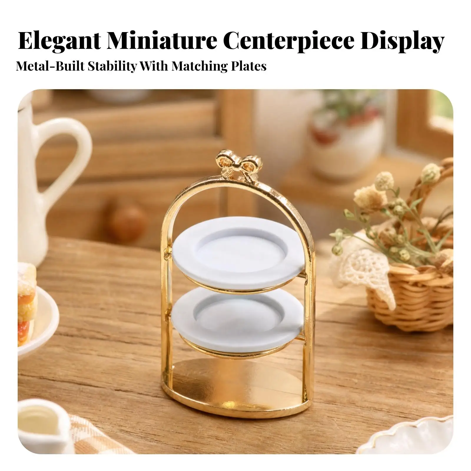 Miniature Metal Dessert Stand with Two White Plates for Dollhouse Bakery Shelf Decor 1 12 Scale