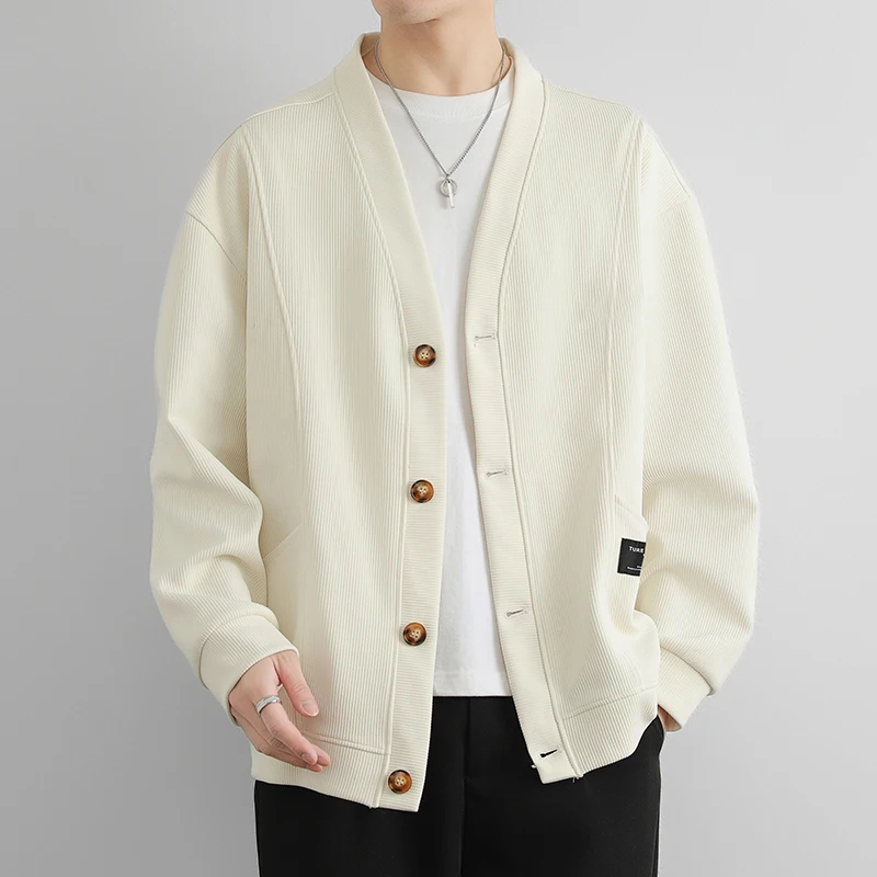 Kardigan Kancing Sebaris Baru Pria Mantel Serbaguna Retro Jepang Musim Semi Musim Gugur Atasan Solid Hangat Lengan Panjang Huruf Hitam Mode