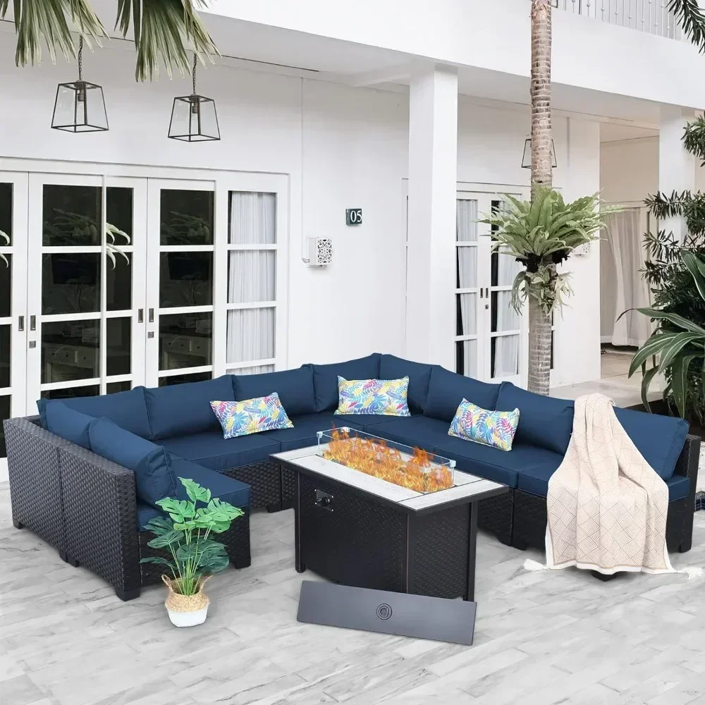 9 Piece Outdoor Furniture Set with 45 Inch Fire Pit Patio Furniture Set 60000 BTU Propane Fire Pit Table, Terrace Sectional Sofa