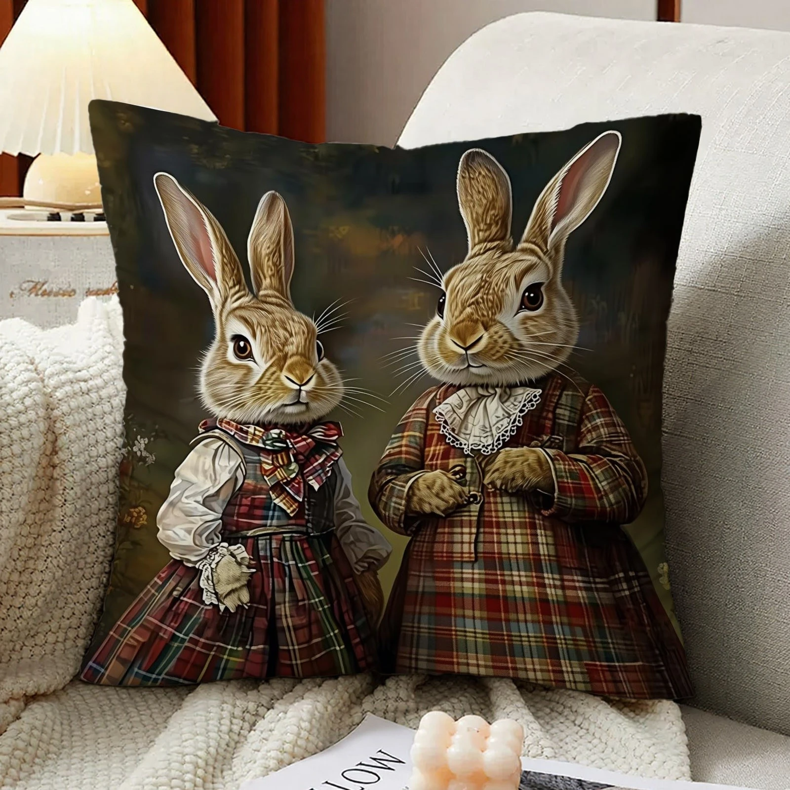 1pc Rabbit Couple Pillow Cover, Polyester 2D Double-Sided Print Cushion Case, Tartan Plaid Bunny Throw Pillowcase, Cute Countrys