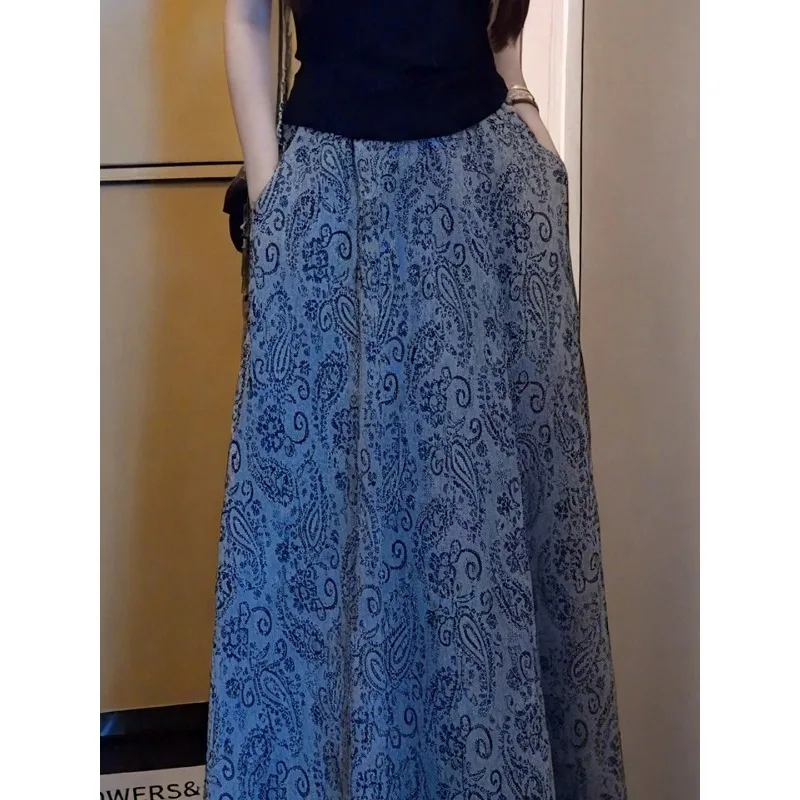 Women's Summer Spring Half Skirt Printed High Waist Medium Length Elastic Waist Retro Simple Casual Soft Niche Versatile Skinny