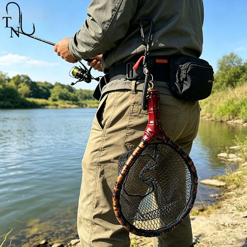Red de Pesca Ligera TN15 para Trucha con Cordón Antipérdida, Marco de Bambú, Red de Pesca con Mosca, Micro Pesca para Caballa, Lubina y Trucha