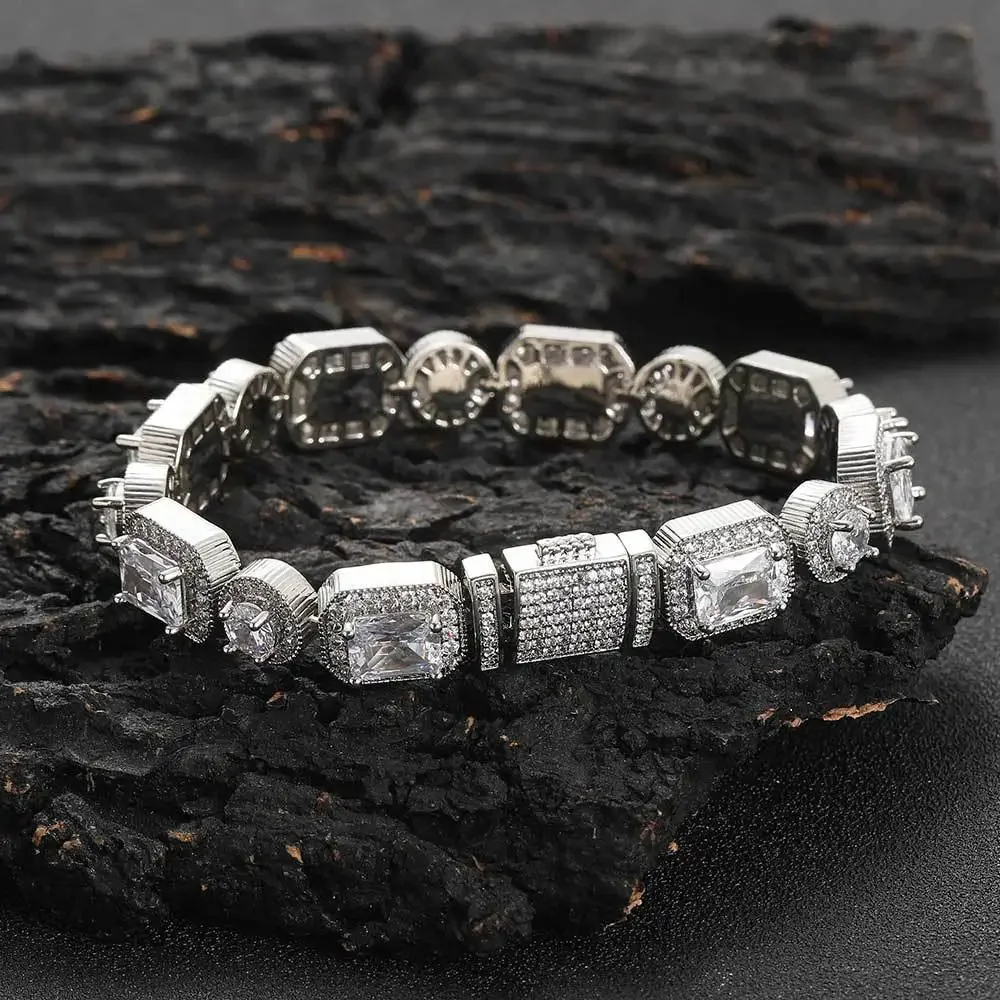 

White Gold Cuban Link Bracelet 10Mm Square and Round Mixed Rock Sugar Men's and Women's Trendy Manual Translation Cover Buckle