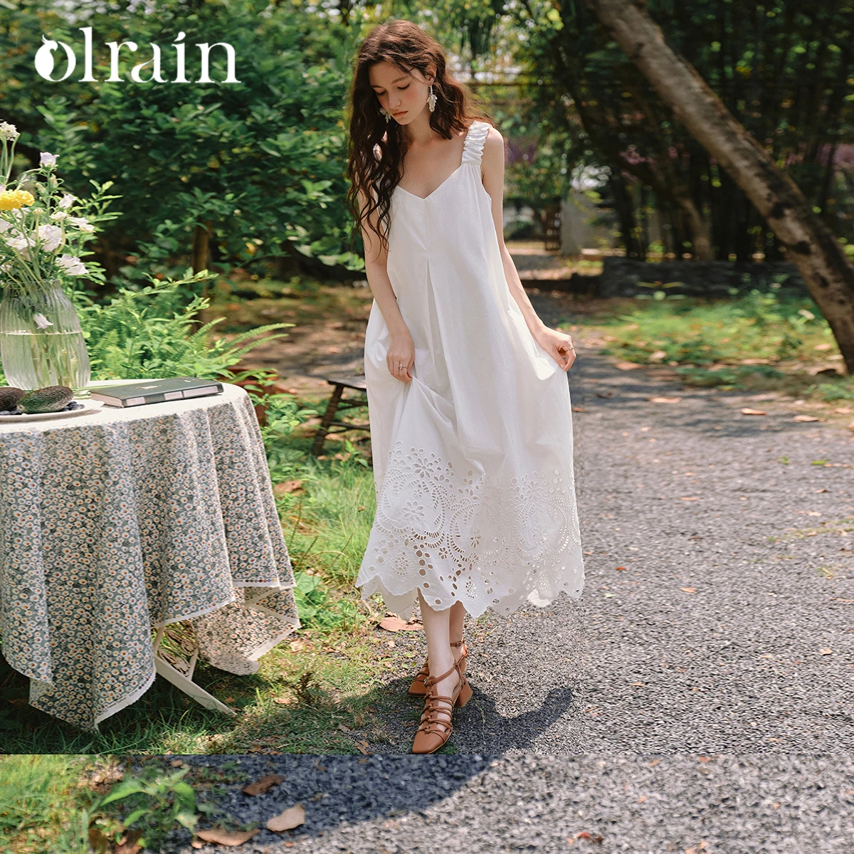 

OLrain Women's Long Vacation Wide Straps Dress 2026 Summer French V-neck White Cutwork Embroidery Woman Dresses O57XL99128