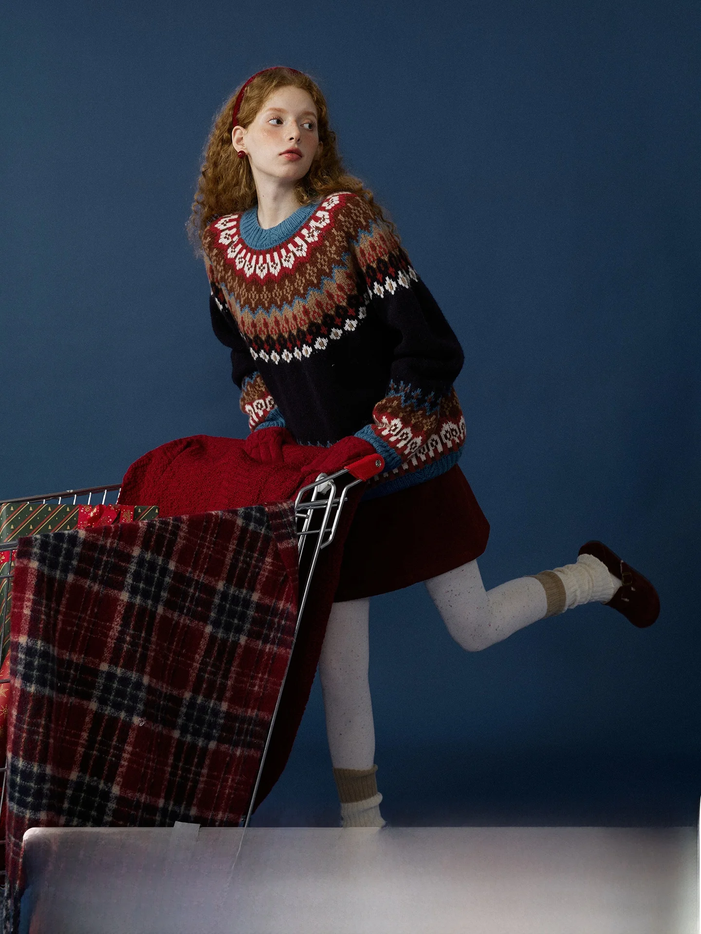 

Женский свитер из шерсти 00% с узором Fair Isle, фиолетовый, праздничный, свободного кроя, с длинными рукавами